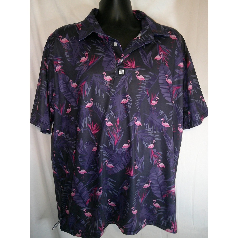 GH Golf Polo Shirt Flamingo Print Short Sleeve Golfing‎ Casual XL